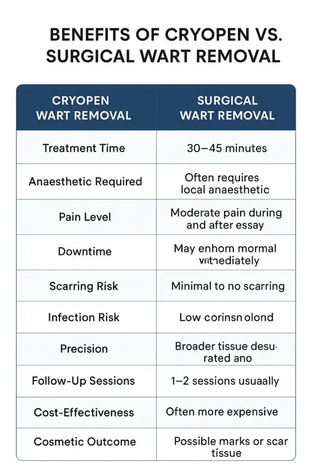 Table showing the benefits of cryopen to remove warts Leicester compared to surgical treatment